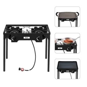 Outdoor Camp Stove High Pressure Propane Gas Cooker Portable Cast Iron Patio Cooking Burner (Double Burner 150000-BTU)