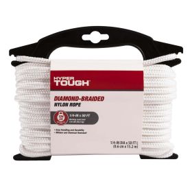 Hyper Tough Item ND850-HT, Nylon Blend Diamond Braid Rope, White, 1/4" x 50', 1 Each